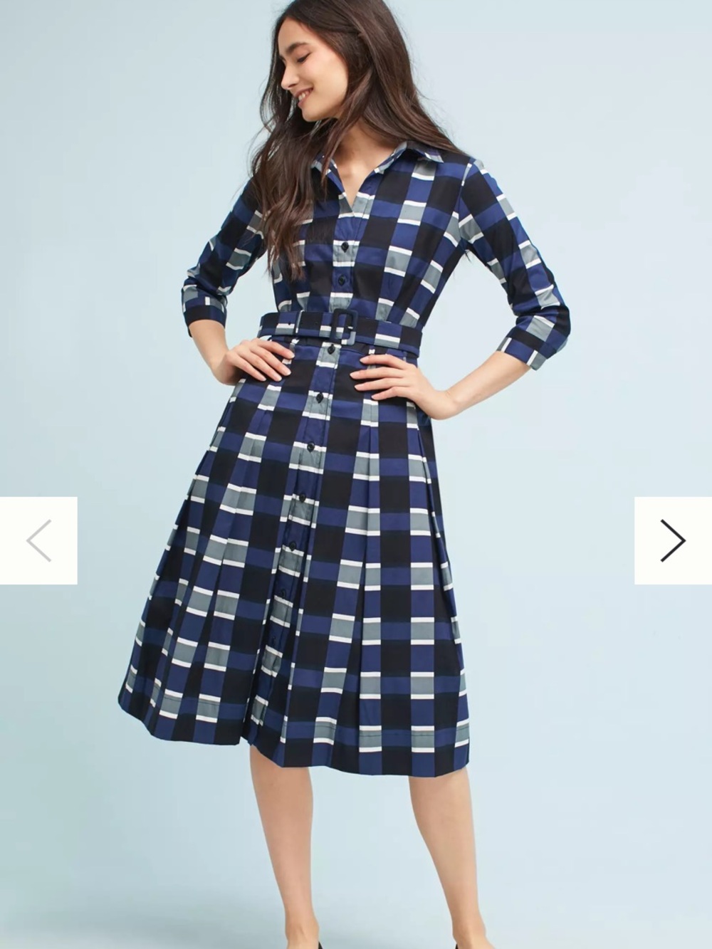 Anthropologie SSUNG Size 4. 💙🤍🩶Navy and White Checked Midi Shirt Dress with Belt
